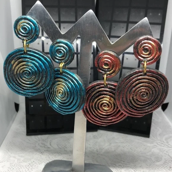 Retro Spiral Swirl Statement Rustic Modernist Abstruct Earrings Dangle Drop Long - Picture 1 of 6